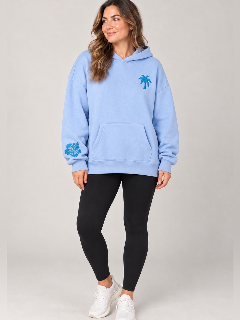 #1015  Pink Palm Puff Everything Comes in Waves Blue Embroidered Hoodie M